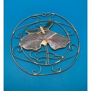 Delicate Stained Glass Suncatcher Gold Tone  Dragonfly Pink Flower Vintage